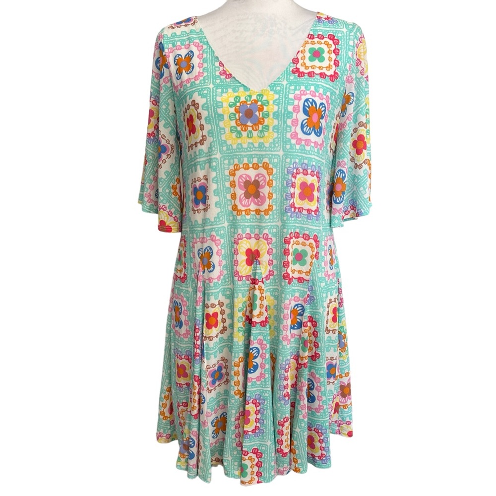 If She Loves Granny Square Dress Printed Fit & Flare V-neck Vintage Like Vibes